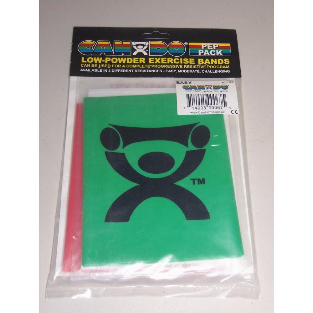 CanDo Pep Pack Low Powder Easy Exercise Bands 3 Pack Green Red Yellow -021715